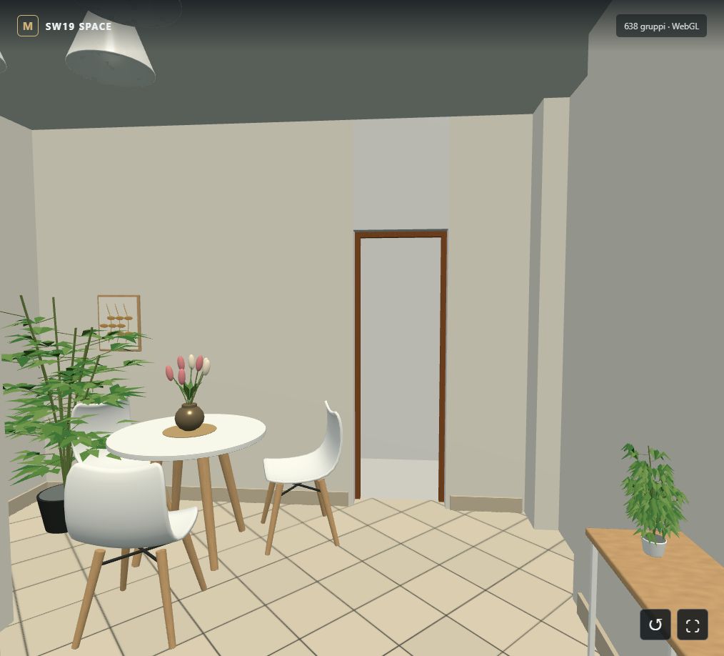 Ambiente 3D della demo: zona pranzo con tavolo, sedie e accesso alla stanza adiacente